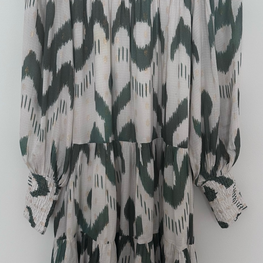 Oliphant Smocked Neck Mini Dress in Chitka Forest Green Cream Balloon Sleeve - Picture 5 of 12